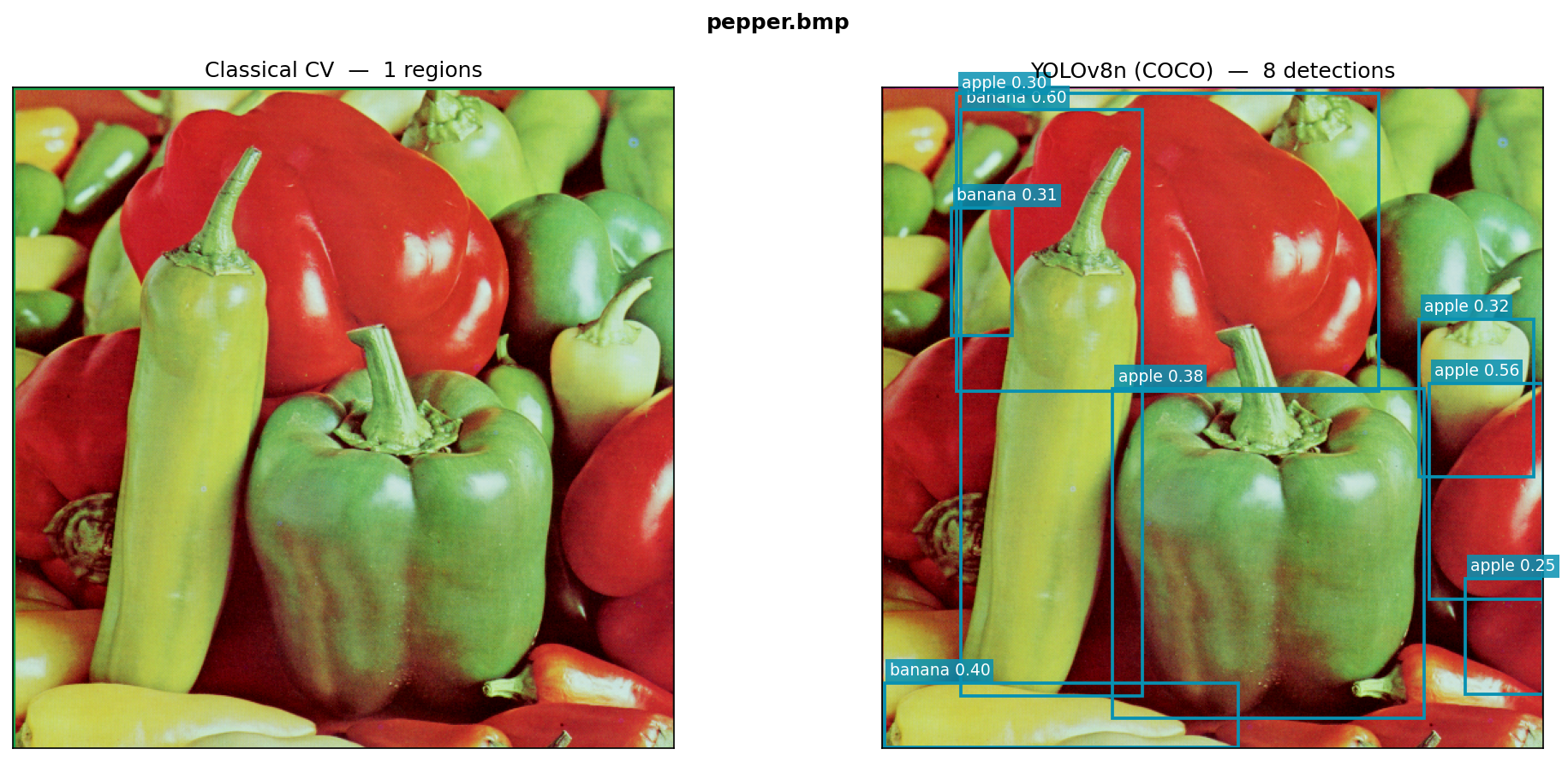 Side-by-side comparison: classical CV bounding boxes (left) and YOLOv8n classified detections with confidence scores (right) on the pepper test image